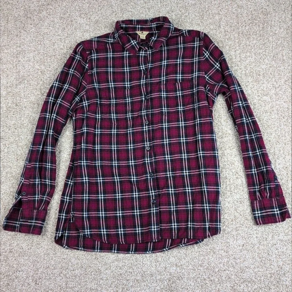 Woolrich Womens M Burgundy Blue Plaid Cotton Flannel Button Down Shirt HLT0669S